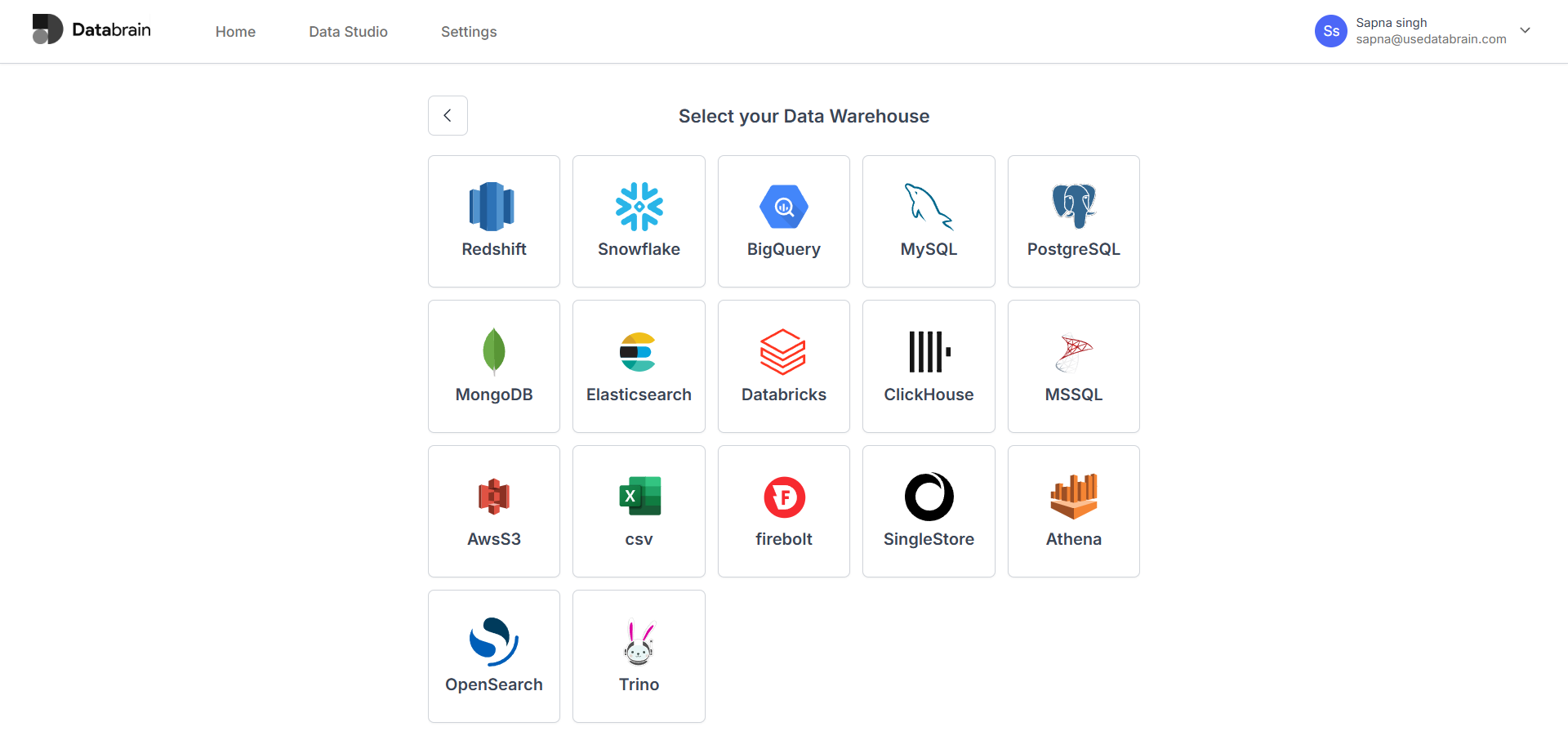 Выбор коннектора в Databrain с отображением варианта ClickHouse
