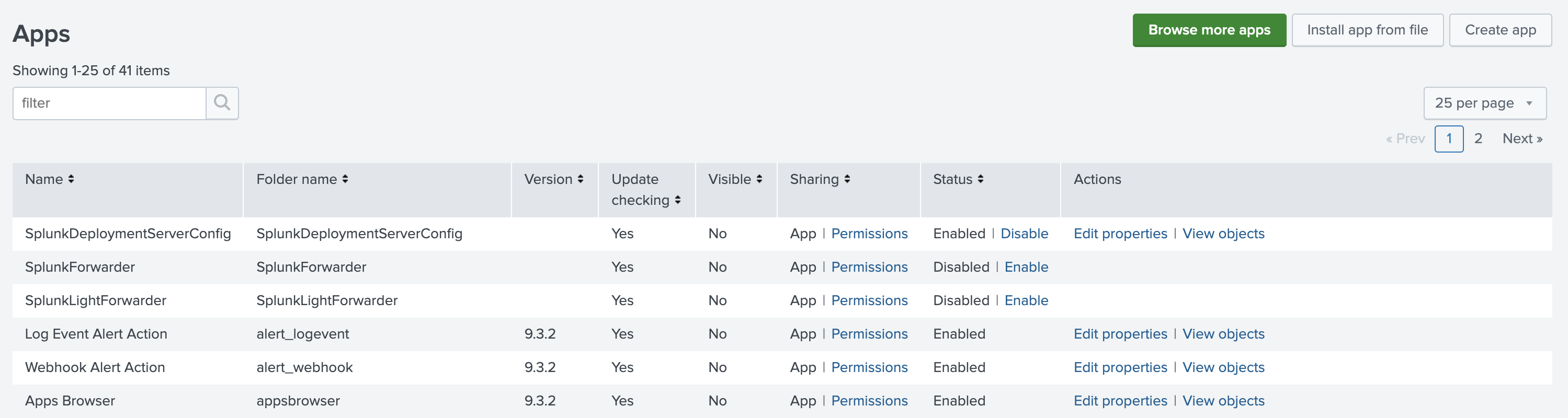 Интерфейс Splunk Enterprise со страницей управления приложениями и опц�ией Install app from file